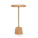 Saddle natural woven raffia side table with slim brass-tone metal stem and vegan leather top