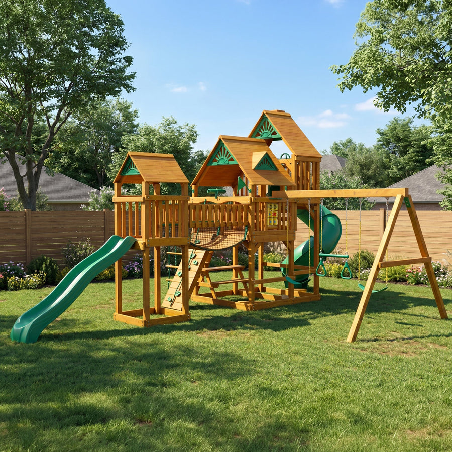 Treasure Trove II wooden swing set with wood roof, three slides and clatter bridge in a backyard