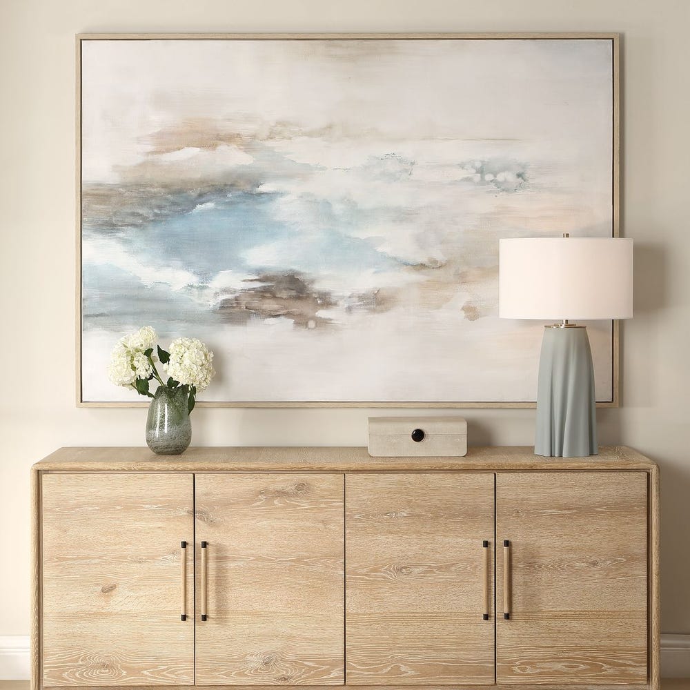 Uttermost Chasing Blue hand-painted blue beige large abstract art styled above wood console