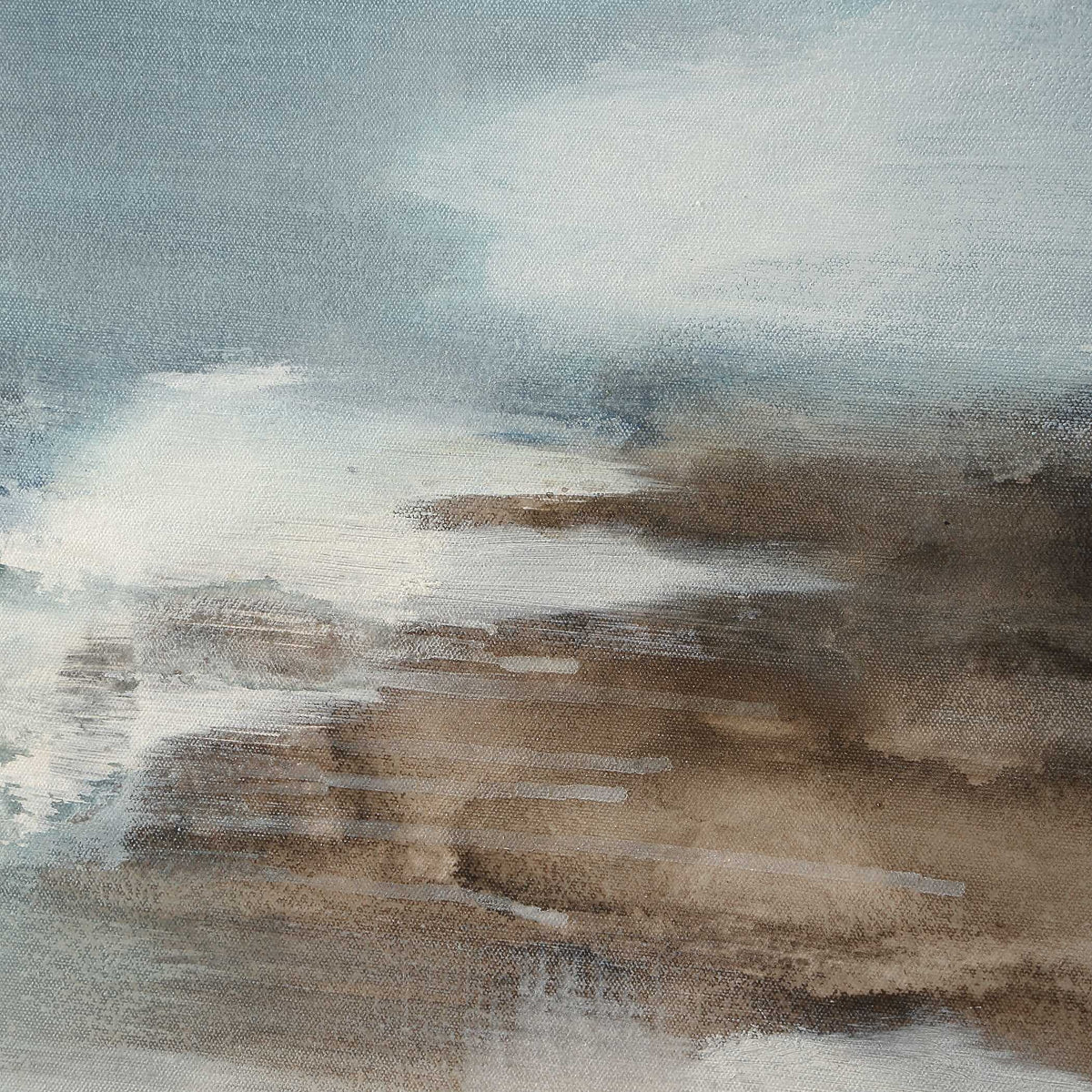 Chasing Blue close-up showing the hand-painted blue, grey and cream canvas texture