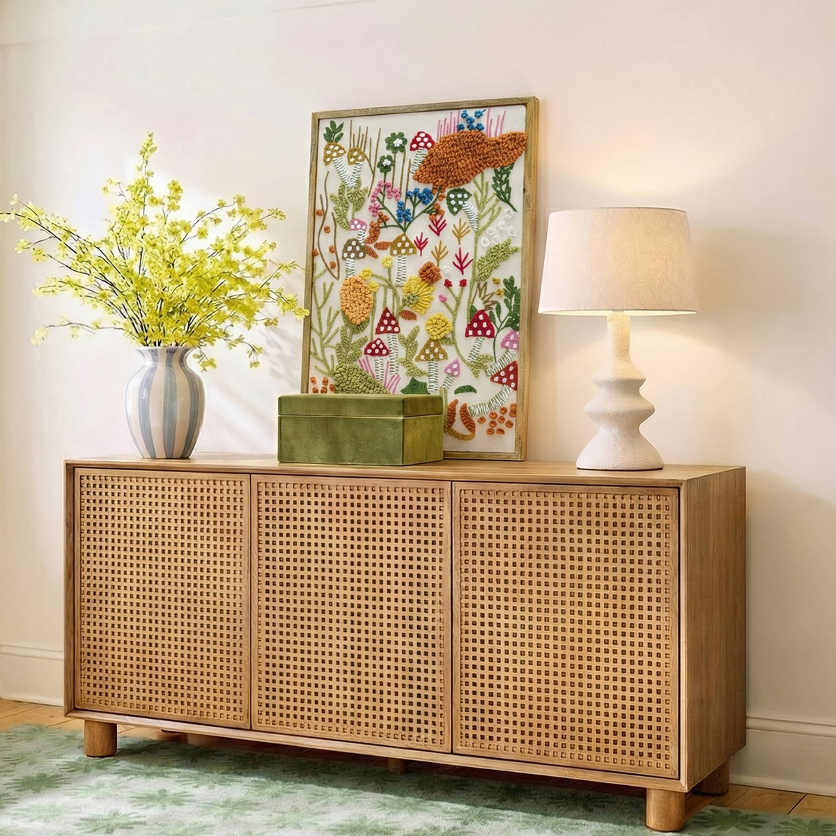 Muro Forage Large embroidered woodland artwork styled above a console