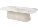 Aspen sintered stone rectangular coffee table top on a Pompano travertine-look stone base