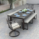 Atlantis 5 Pc Aluminum Dining Set w/ 2 Swivel Rocker Dining Arm Chairs & 2 Three Person Benches in Walnut/Beige by Darlee