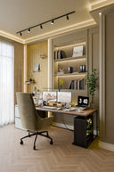 Warm home office with built-in shelving
