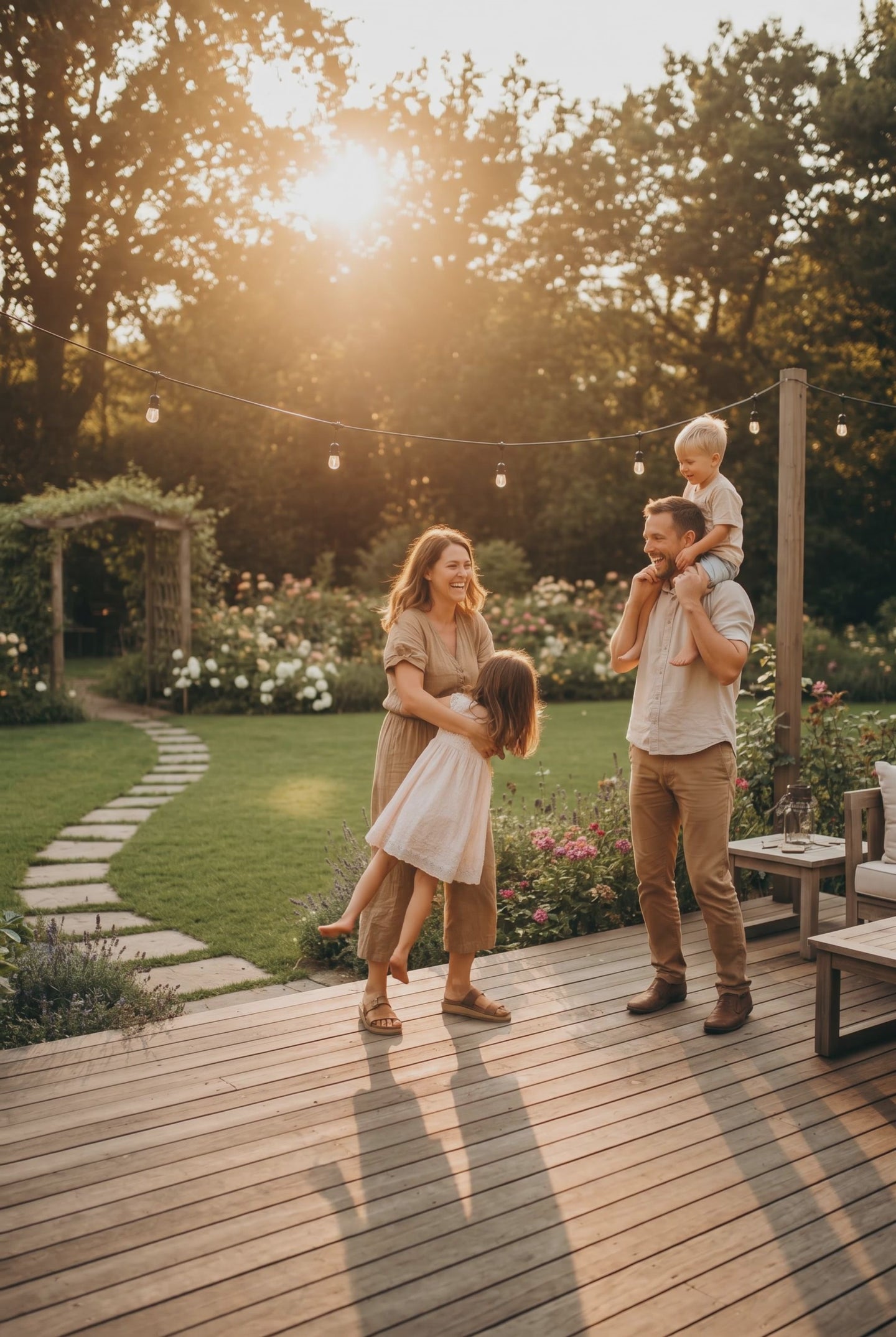 Family playing together on a backyard deck at sunset