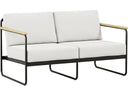 Tropitone Stratton cushion aluminum outdoor loveseat with teak arms