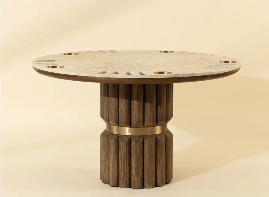 SUNPAN Sinclair marble poker table in Crema Breccia, chocolate oak pedestal and brass cup holders