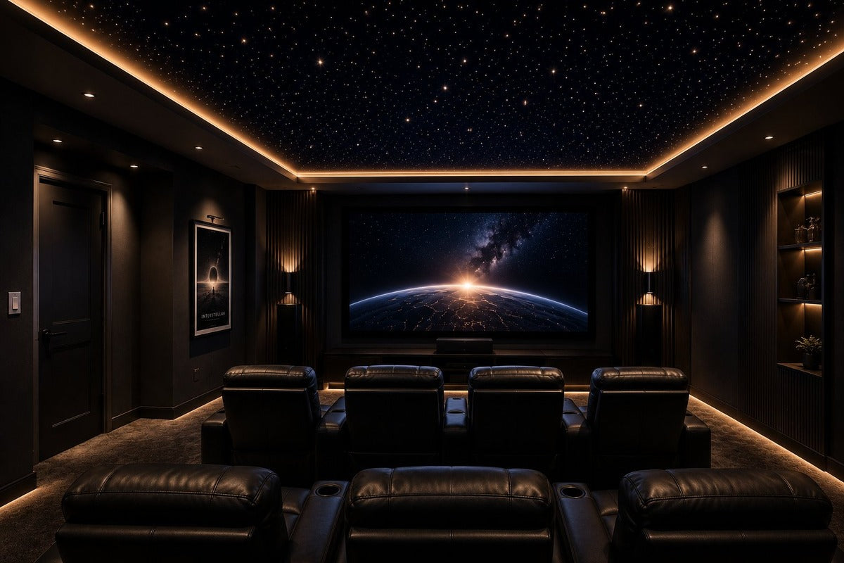 Home theater inspiration with a star-filled ceiling and warm perimeter lighting