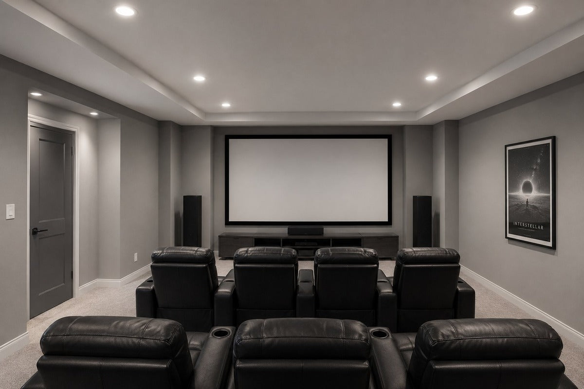 Home theater with a plain ceiling and recessed lights